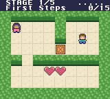 Two Step, stage 1: two characters in a walled garden, with two heart spots to meet on.